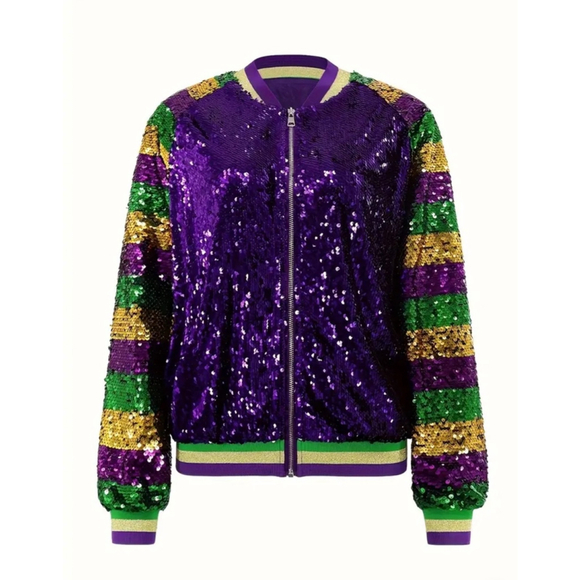 Mardi Gras Sequin Purple Bomber Jacket with Purple, Green, Gold Striped Sleeves - Picture 5 of 8